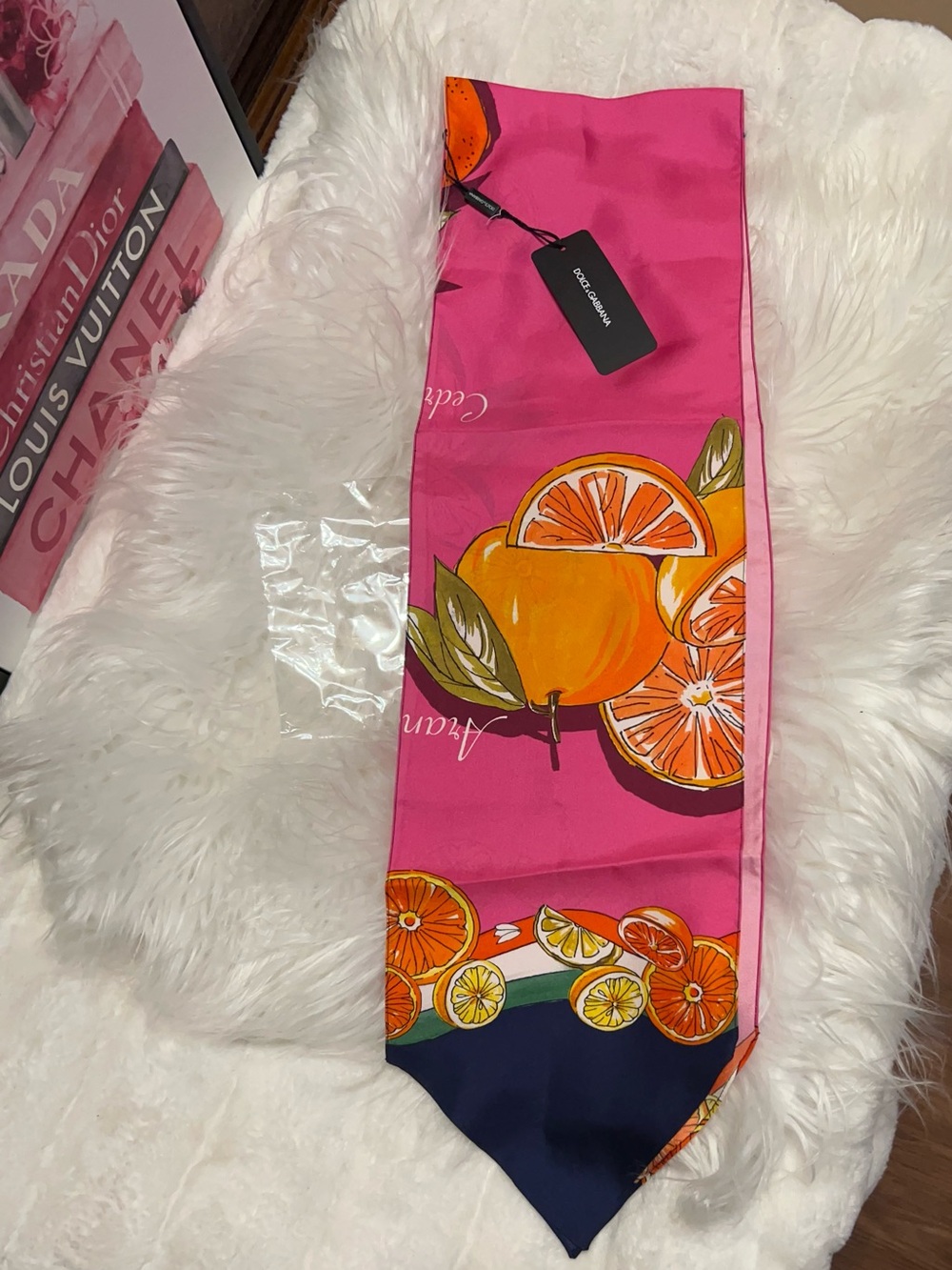 Dolce & Gabbana Capri Citrus Print Silk Twill Scarf in pink with orange fruit . - Picture 10 of 11